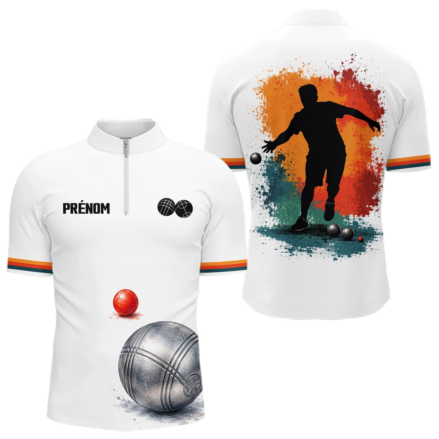 Polo Pétanque Équipe Tournoi Blanc - Motif Boulistes - Polo Zippé Homme