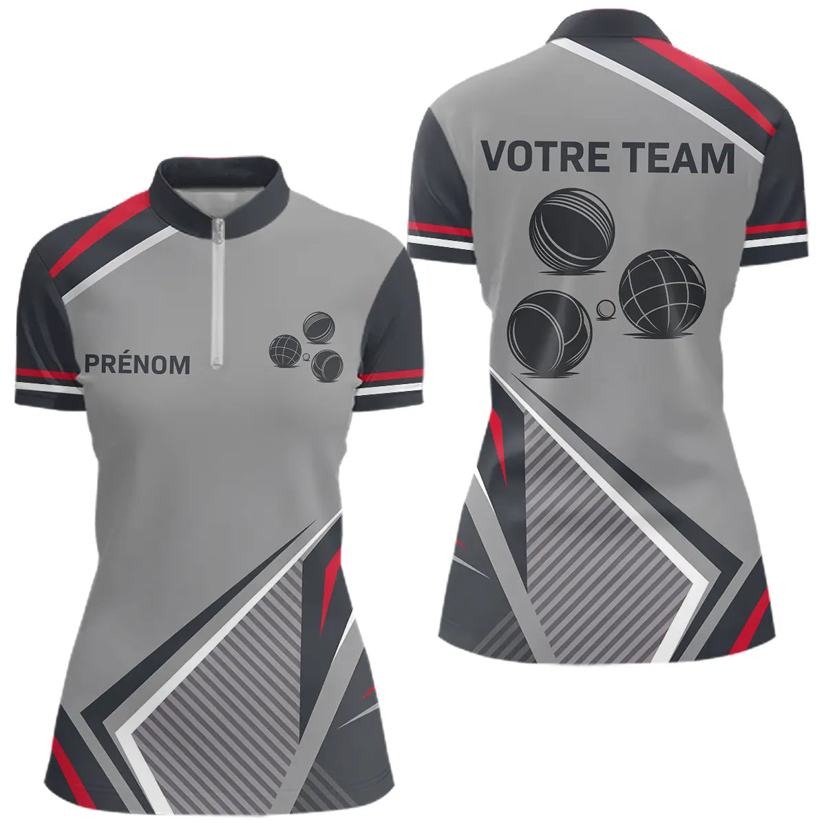 Polo Passion Pétanque Homme Femme - Personnalisé Gris & Rouge - Polo Zippé Femme