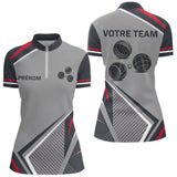 Polo Passion Pétanque Homme Femme - Personnalisé Gris & Rouge - Polo Zippé Femme