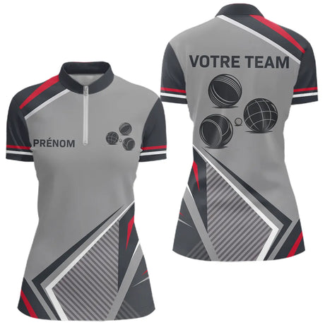 Polo Passion Pétanque Homme Femme - Personnalisé Gris & Rouge - Polo Zippé Femme