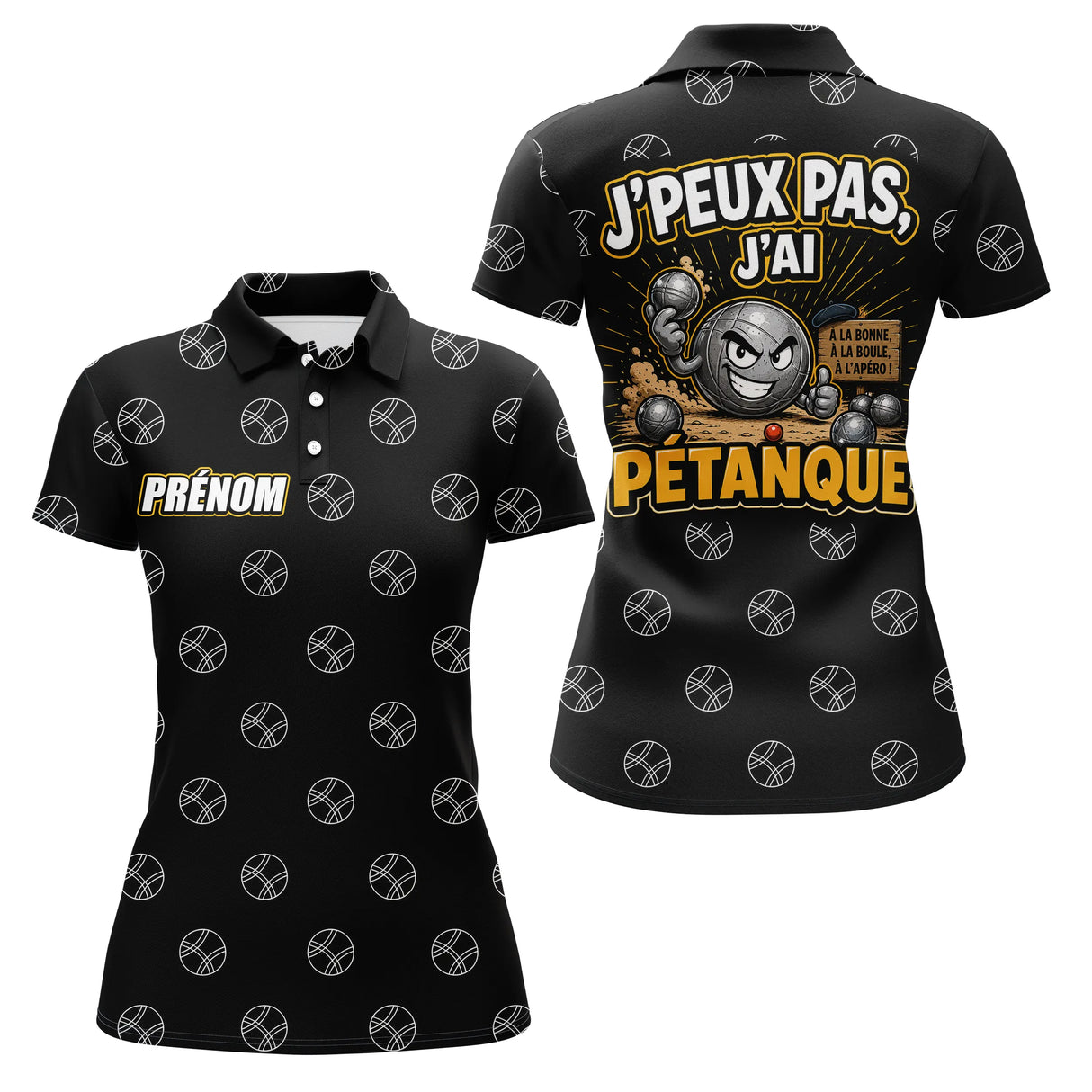 Polo Passion Pétanque Noir Jaune - J'Peux Pas Personnalisable - Polo Femme