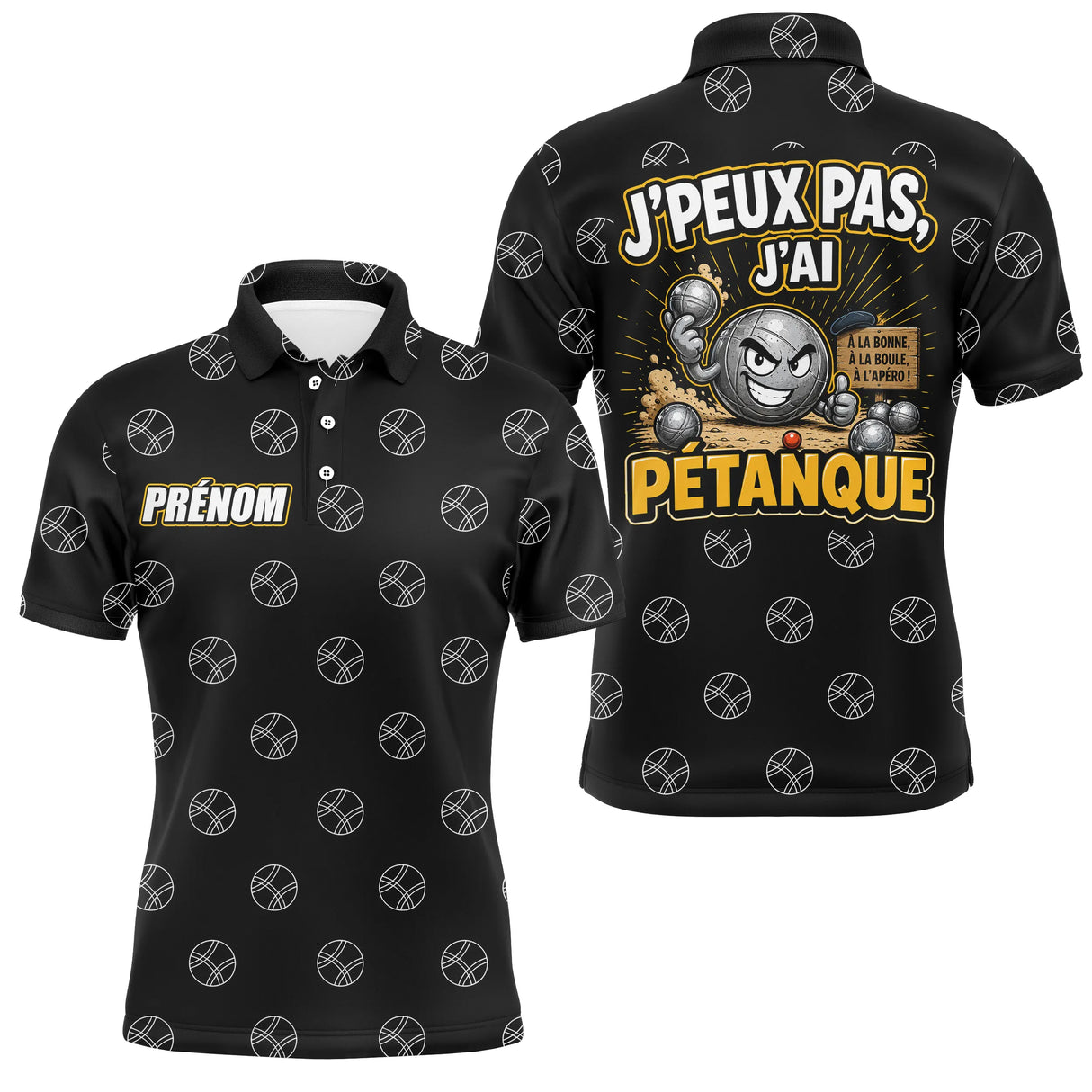 Polo Passion Pétanque Noir Jaune - J'Peux Pas Personnalisable - Polo Homme