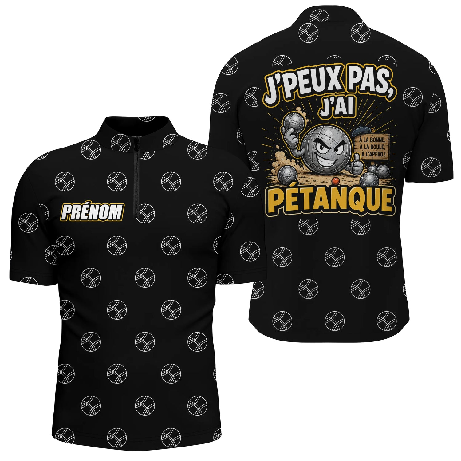 Polo Passion Pétanque Noir Jaune - J'Peux Pas Personnalisable - Polo Zippé Homme