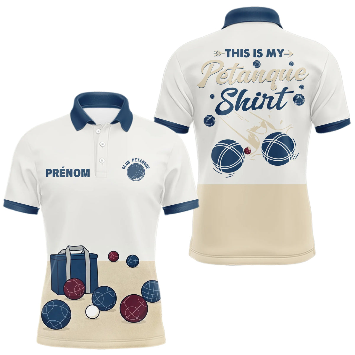 Polo Passion Pétanque Personnalisé - Boules Club Blanc & Marine - Polo Homme