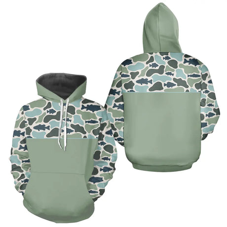 Polo Pecheur Homme Vert Sauge - Motif Camouflage Poisson - Hoodie Homme