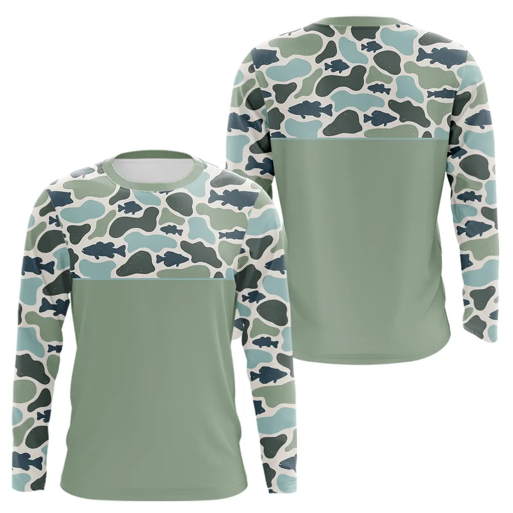 Polo Pecheur Homme Vert Sauge - Motif Camouflage Poisson - Long Sleeves Homme