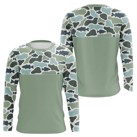 Polo Pecheur Homme Vert Sauge - Motif Camouflage Poisson - Long Sleeves Homme
