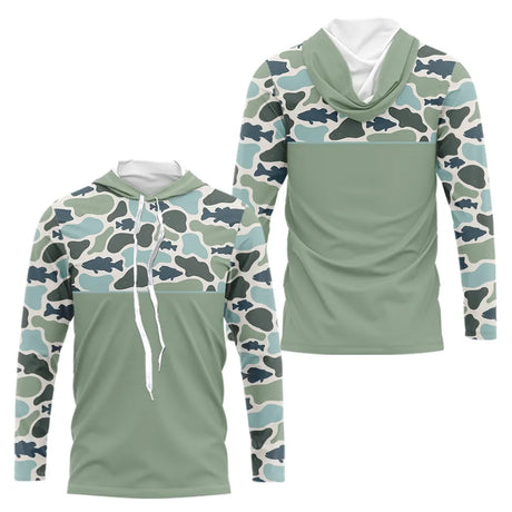 Polo Pecheur Homme Vert Sauge - Motif Camouflage Poisson - Long Sleeves Hoodie Homme