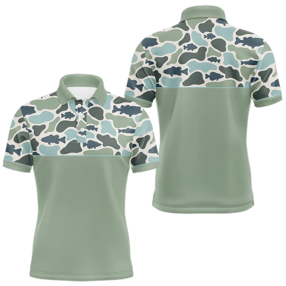 Polo Pecheur Homme Vert Sauge - Motif Camouflage Poisson - Polo Homme