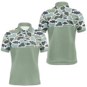 Polo Pecheur Homme Vert Sauge - Motif Camouflage Poisson - Polo Homme