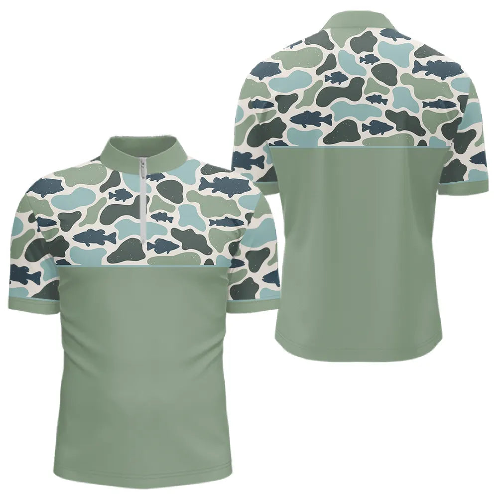 Polo Pecheur Homme Vert Sauge - Motif Camouflage Poisson - Polo Zippe Homme
