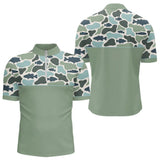 Polo Pecheur Homme Vert Sauge - Motif Camouflage Poisson - Polo Zippe Homme