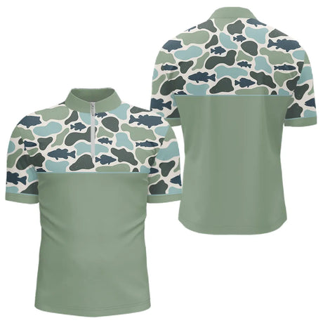 Polo Pecheur Homme Vert Sauge - Motif Camouflage Poisson - Polo Zippe Homme