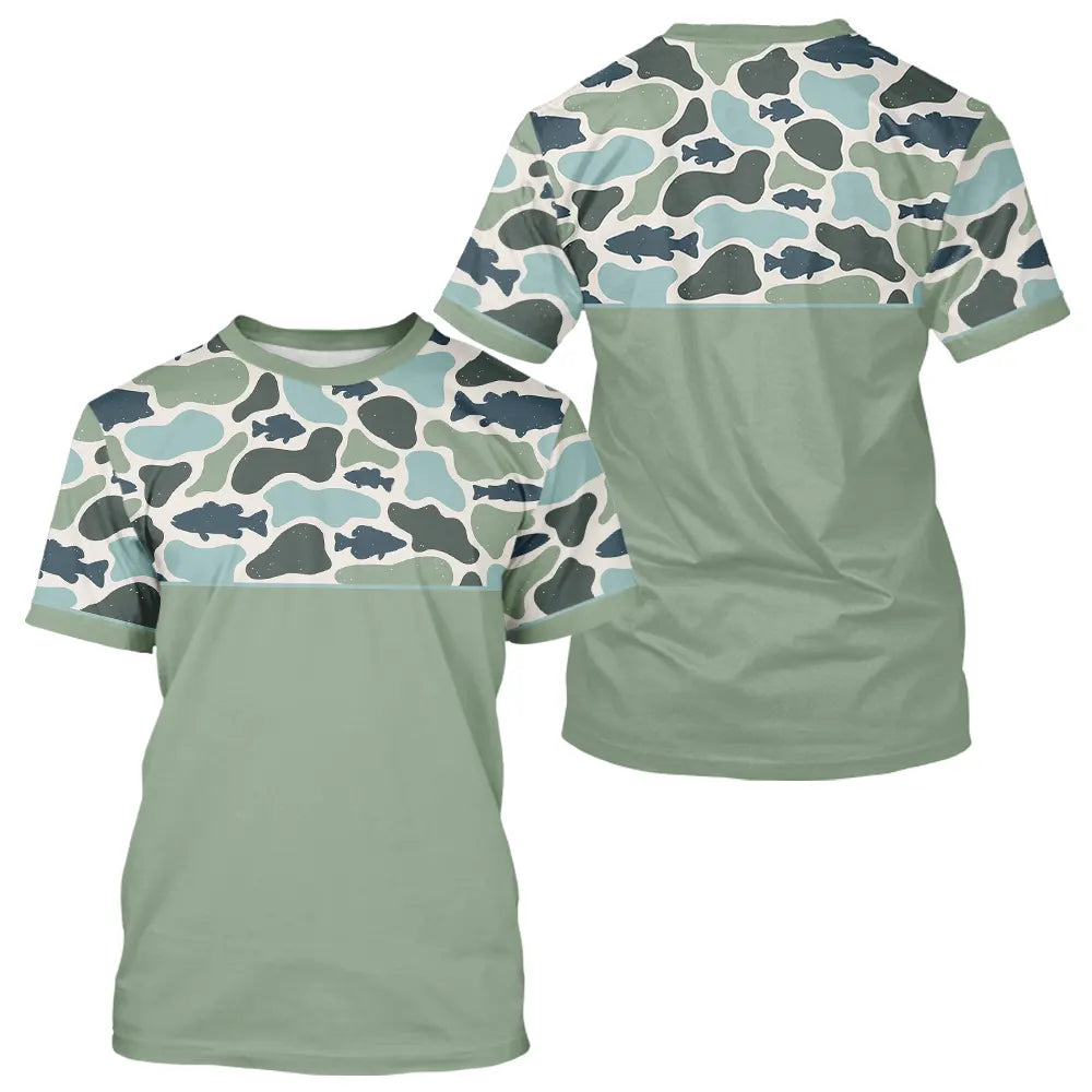 Polo Pecheur Homme Vert Sauge - Motif Camouflage Poisson - T-Shirt Homme