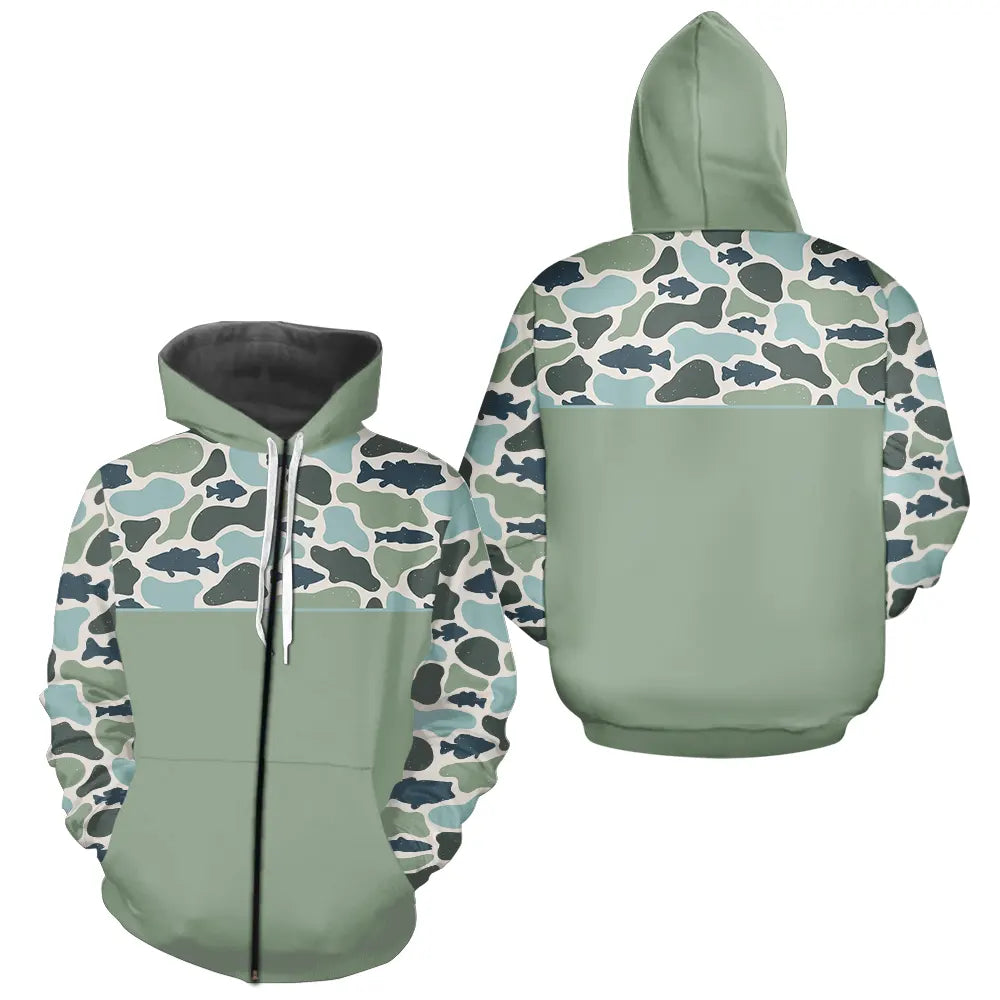 Polo Pecheur Homme Vert Sauge - Motif Camouflage Poisson - Zippe Hoodie Homme