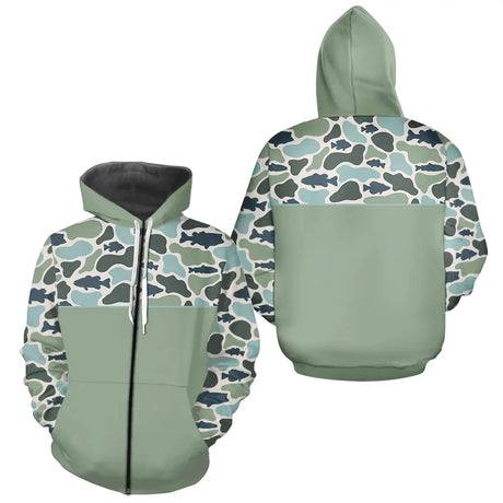 Polo Pecheur Homme Vert Sauge - Motif Camouflage Poisson - Zippe Hoodie Homme