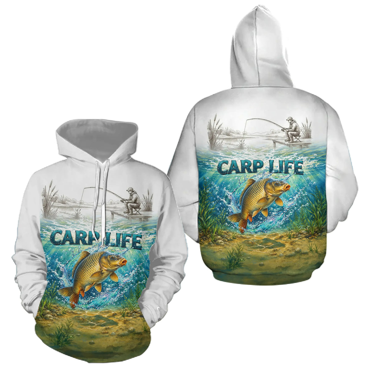 Polo Respirant Pêche Blanc & Vert - Style Outdoor Carpe - Hoodie Homme