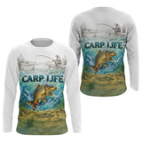 Polo Respirant Pêche Blanc & Vert - Style Outdoor Carpe - Long Sleeve Homme