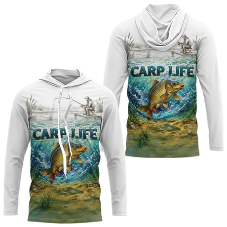 Polo Respirant Pêche Blanc & Vert - Style Outdoor Carpe - Long Sleeve Hoodie Homme