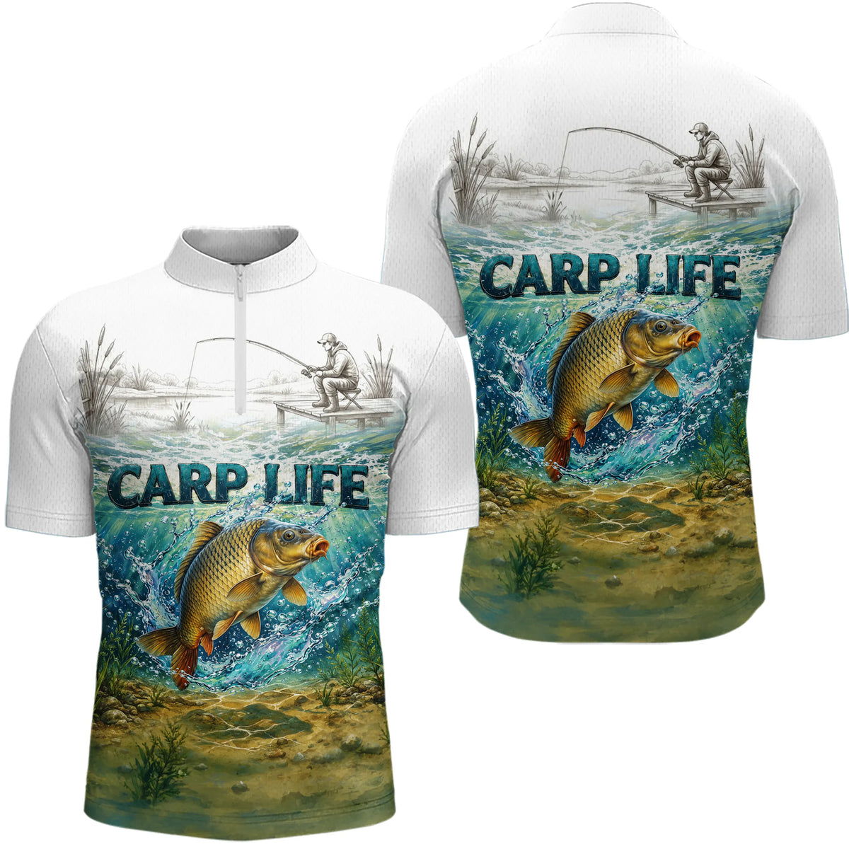 Polo Respirant Pêche Blanc & Vert - Style Outdoor Carpe - Polo Zippé Homme