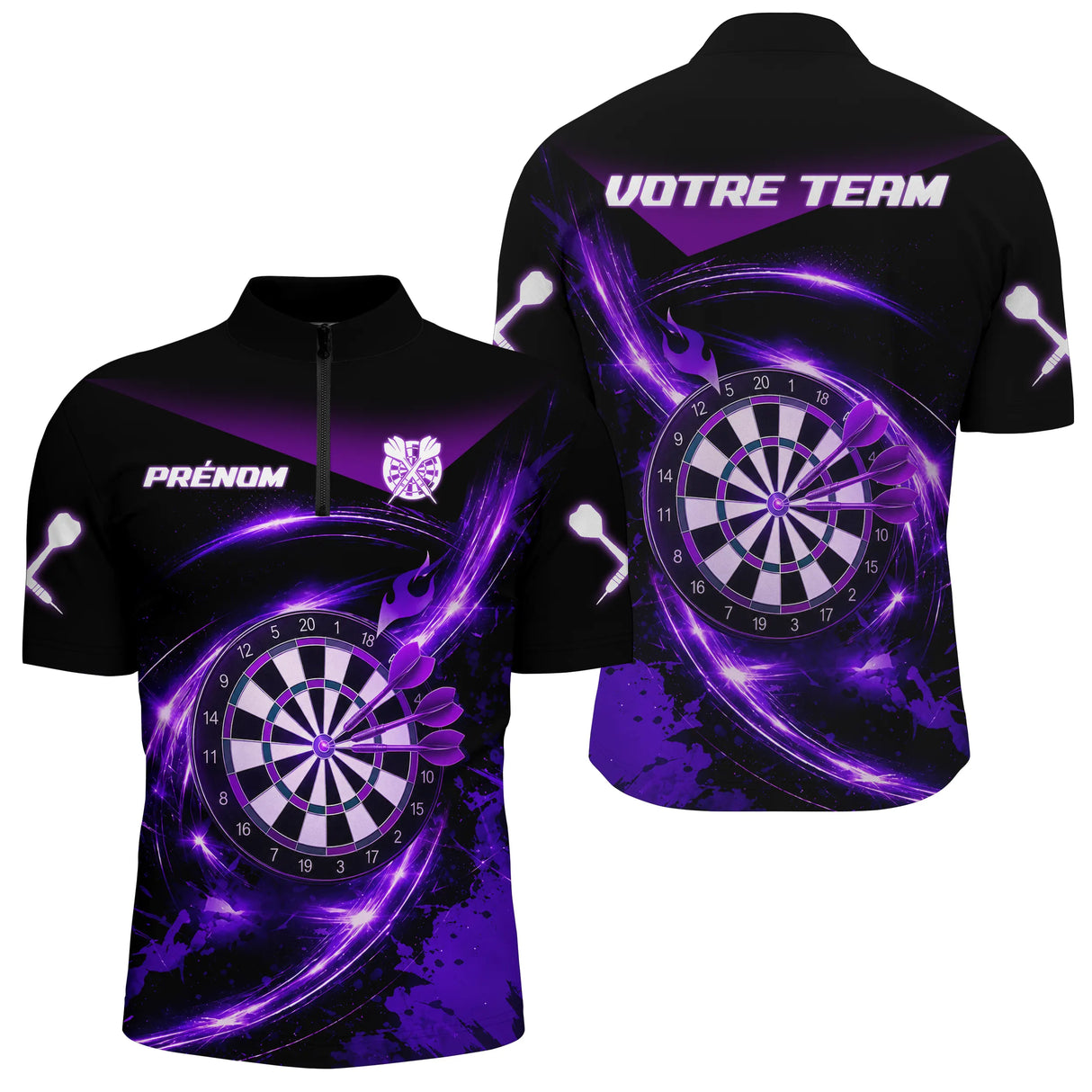 Polo Sport Fléchettes Personnalisé - Noir Violet Performance - Polo Zippé Homme