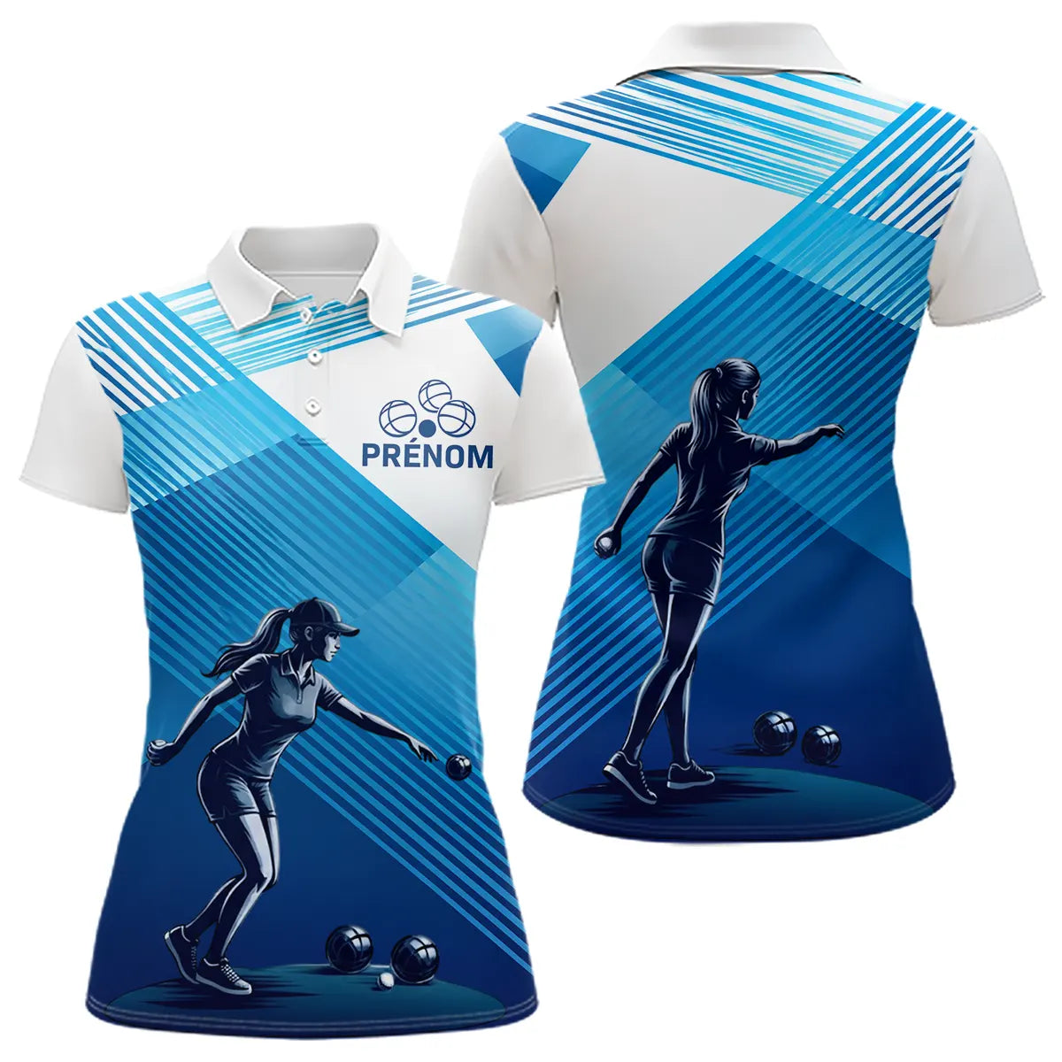 Polo & T-Shirt Pétanque Personnalisé - Design Bleu Rayé Prénom - Polo Femme