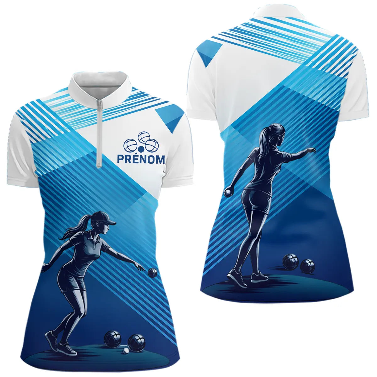 Polo & T-Shirt Pétanque Personnalisé - Design Bleu Rayé Prénom - Polo Zippé Femme