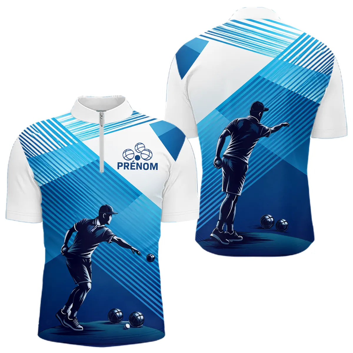 Polo & T-Shirt Pétanque Personnalisé - Design Bleu Rayé Prénom - Polo Zippé Homme
