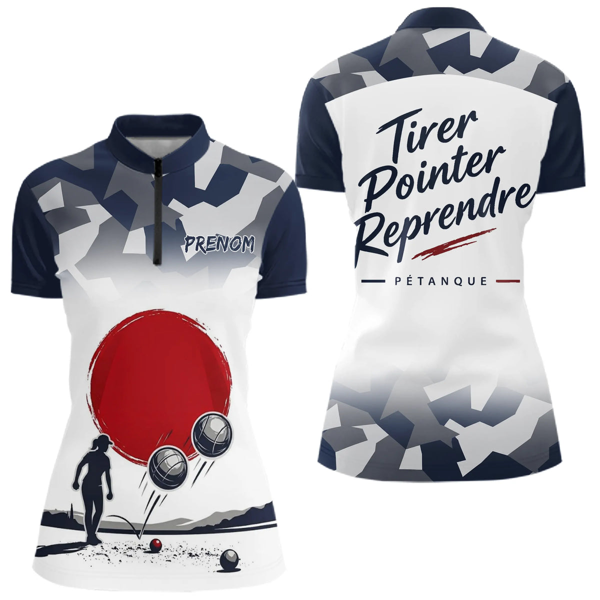 Polo Tenue Club Pétanque Personnalisé - Bleu Camo Équipement - Polo Zippé Femme