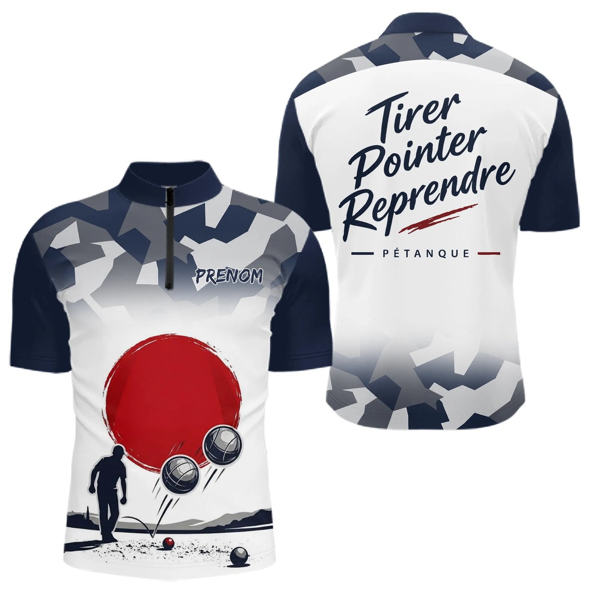 Polo Tenue Club Pétanque Personnalisé - Bleu Camo Équipement - Polo Zippé Homme