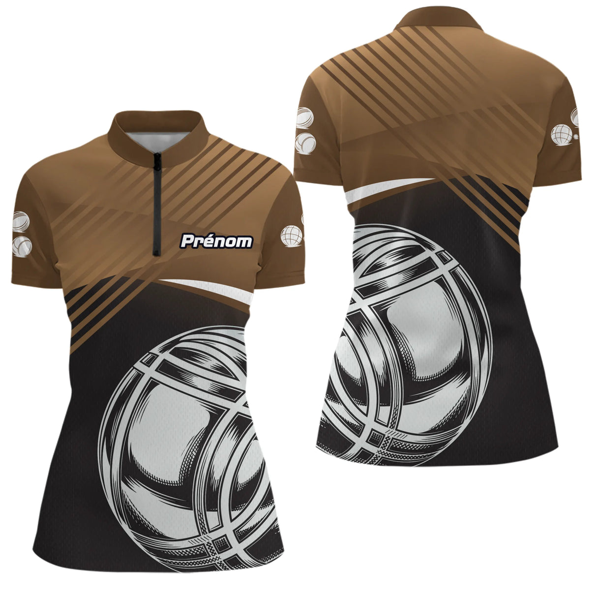 Polo Tenue Pétanque - Élégant Marron Noir Boules - Polo Zippé Femme