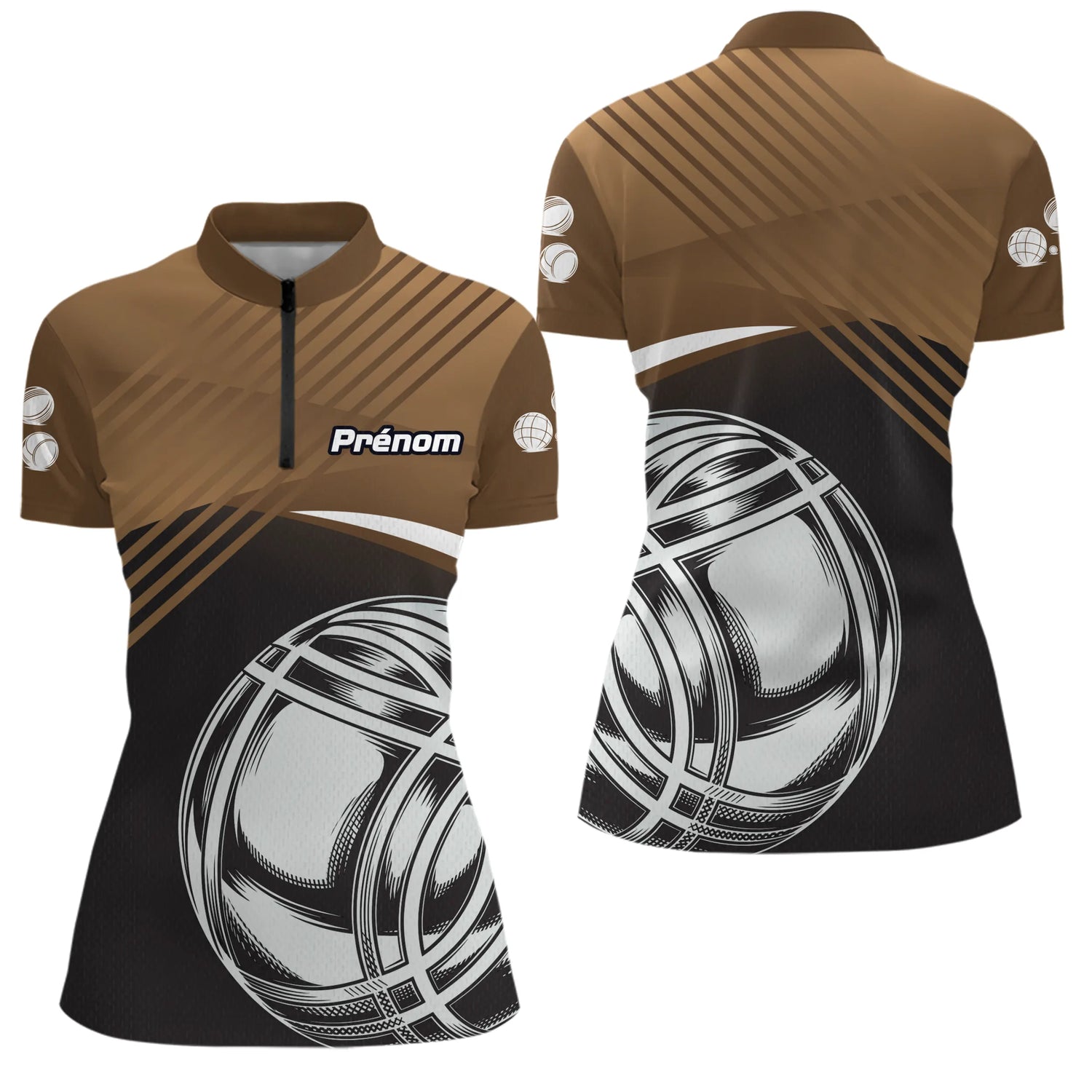 Polo Tenue Pétanque - Élégant Marron Noir Boules - Polo Zippé Femme