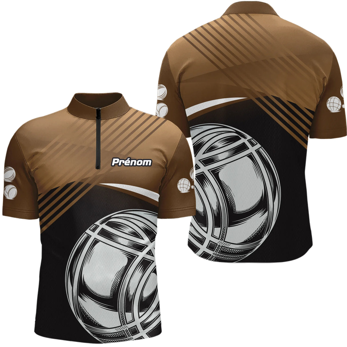 Polo Tenue Pétanque - Élégant Marron Noir Boules - Polo Zippé Homme