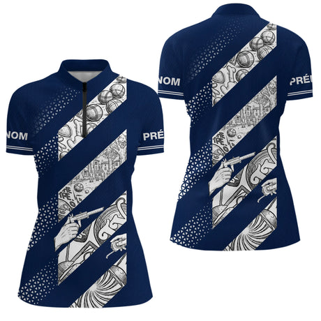 Polo Tenue Pétanque Club - Bleu Marine Style Vintage - Polo Zippé Femme