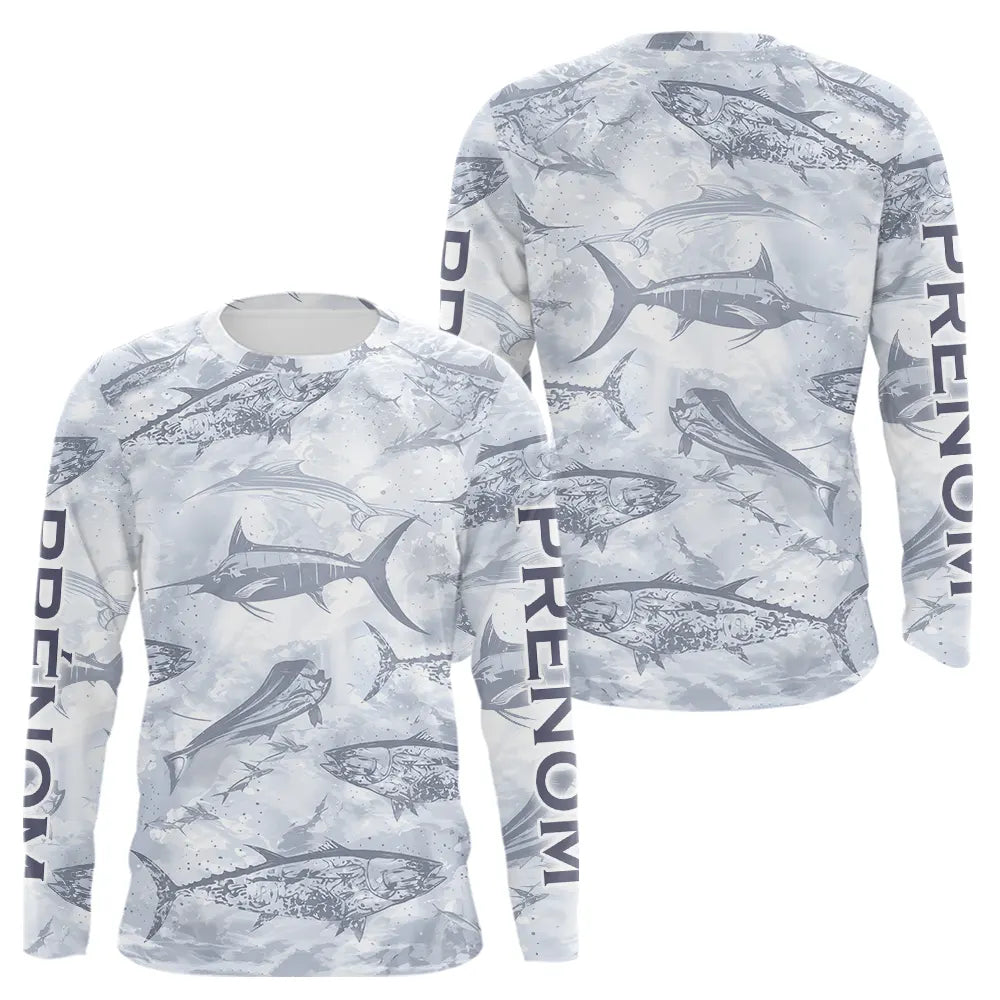 Polo de Pêche Personnalisé - Motifs Poissons Gris - Long Sleeves Homme