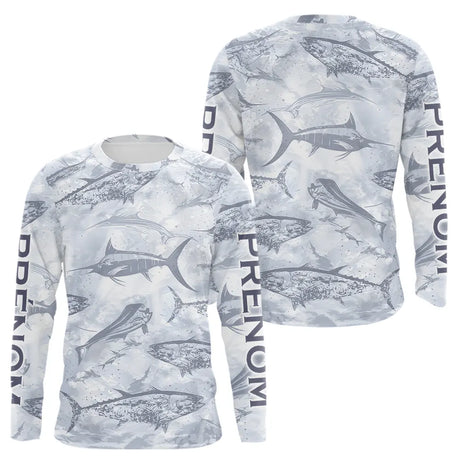 Polo de Pêche Personnalisé - Motifs Poissons Gris - Long Sleeves Homme