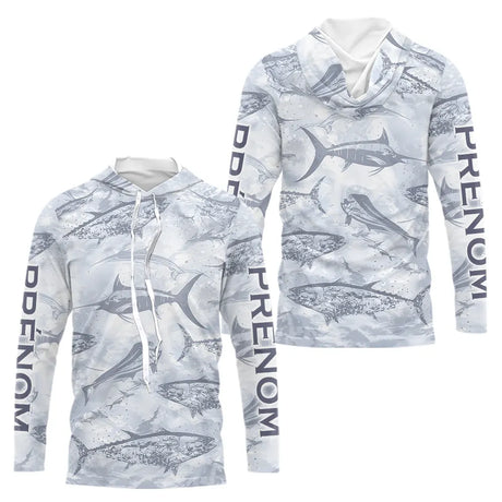 Polo de Pêche Personnalisé - Motifs Poissons Gris - Long Sleeves Hoodie Homme