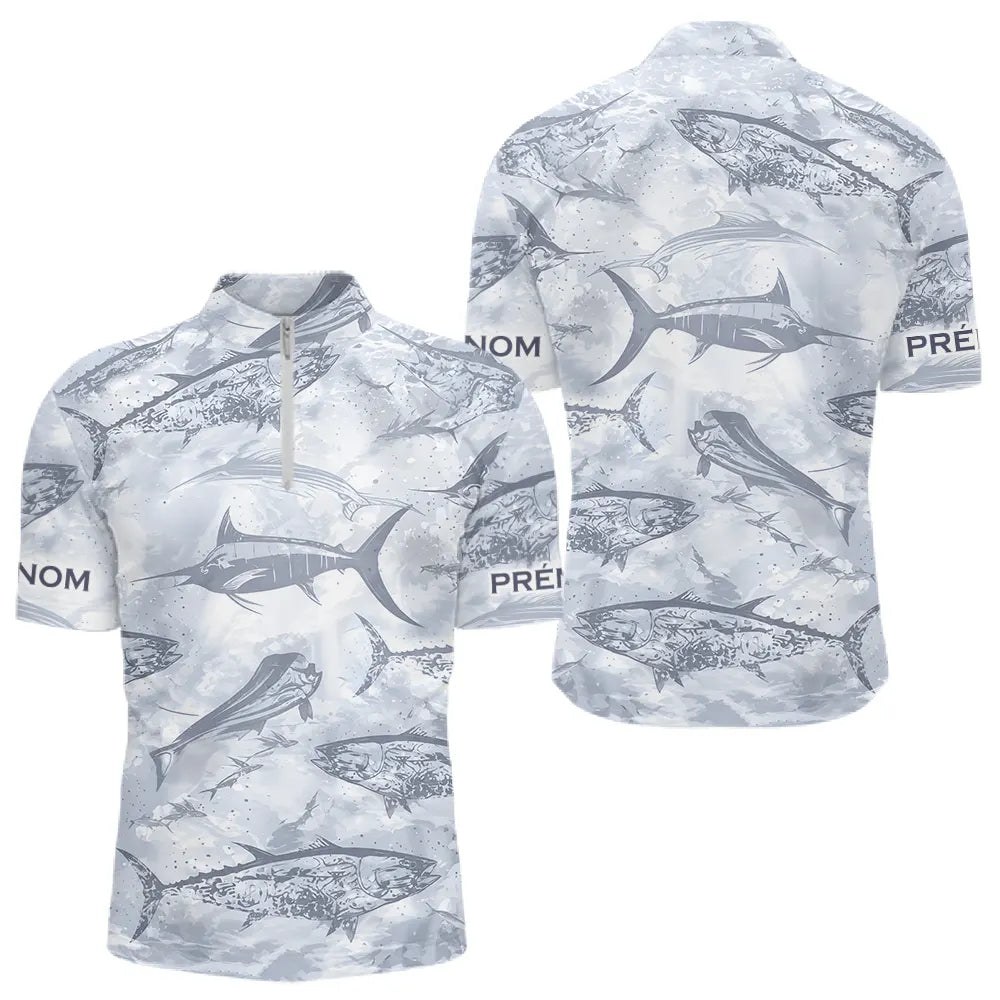 Polo de Pêche Personnalisé - Motifs Poissons Gris - Polo Zippe Homme