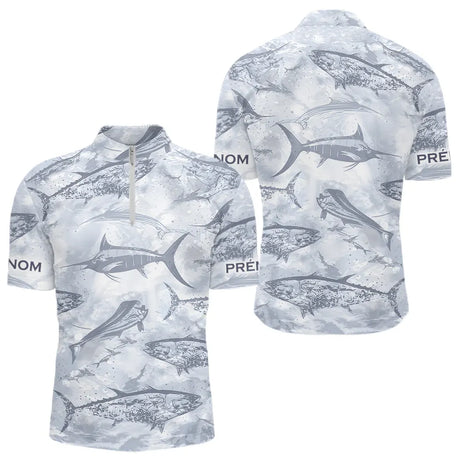 Polo de Pêche Personnalisé - Motifs Poissons Gris - Polo Zippe Homme