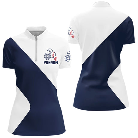 Polo de Pétanque Personnalisé - Bleu & Blanc Homme Femme - Polo Zippé Femme