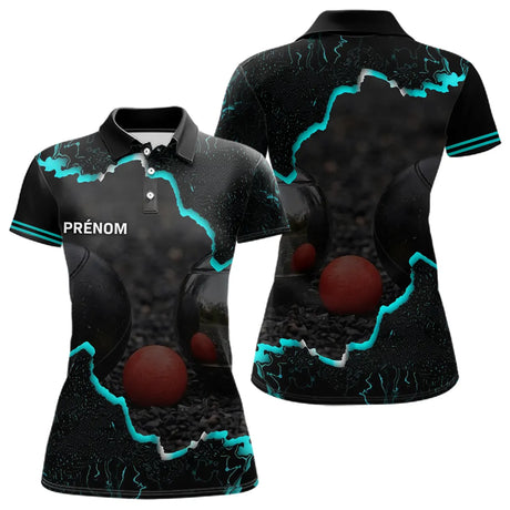 Polo de Pétanque Personnalisé - Design Noir & Cyan Boules - Polo Femme