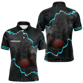 Polo de Pétanque Personnalisé - Design Noir & Cyan Boules - Polo Homme