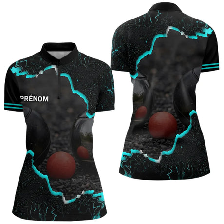 Polo de Pétanque Personnalisé - Design Noir & Cyan Boules - Polo Zippé Femme