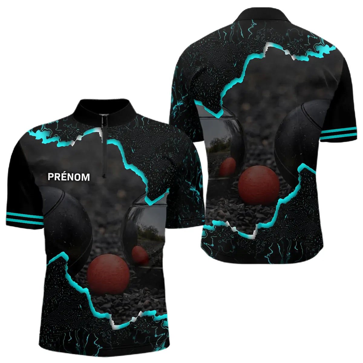 Polo de Pétanque Personnalisé - Design Noir & Cyan Boules - Polo Zippé Homme