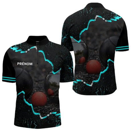Polo de Pétanque Personnalisé - Design Noir & Cyan Boules - Polo Zippé Homme