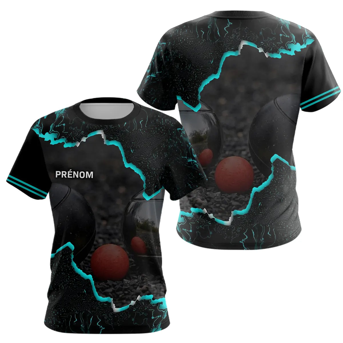 Polo de Pétanque Personnalisé - Design Noir & Cyan Boules - T-Shirt Femme