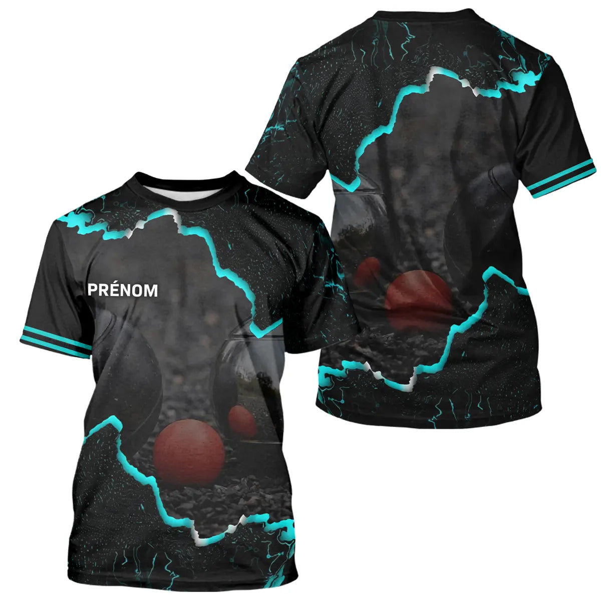 Polo de Pétanque Personnalisé - Design Noir & Cyan Boules - T-Shirt Homme