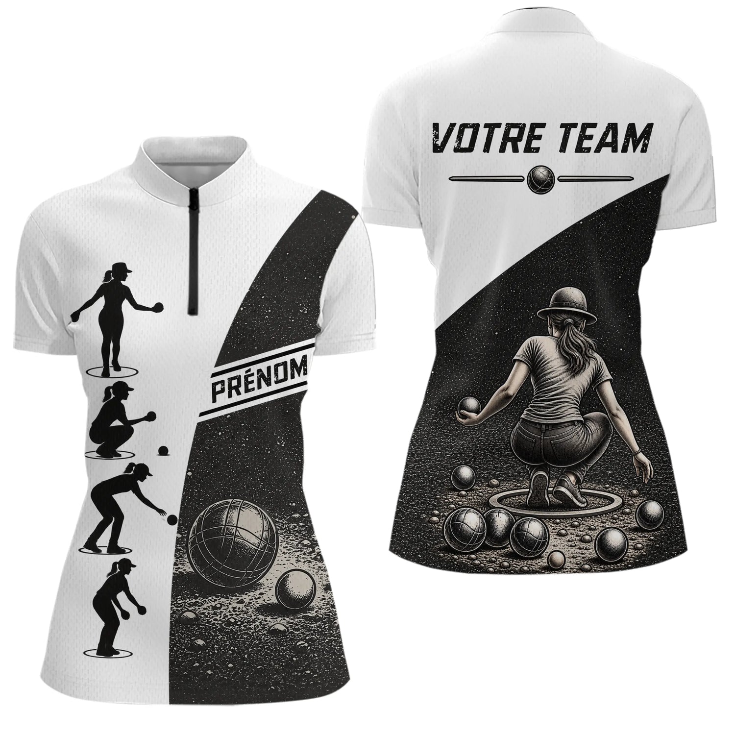 Polo Équipe Pétanque - Noir & Blanc Personnalisé - Polo Zippé Femme