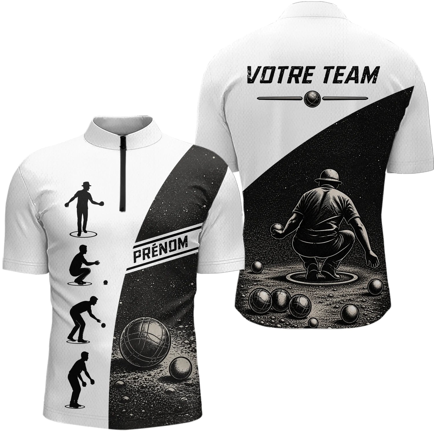 Polo Équipe Pétanque - Noir & Blanc Personnalisé - Polo Zippé Homme