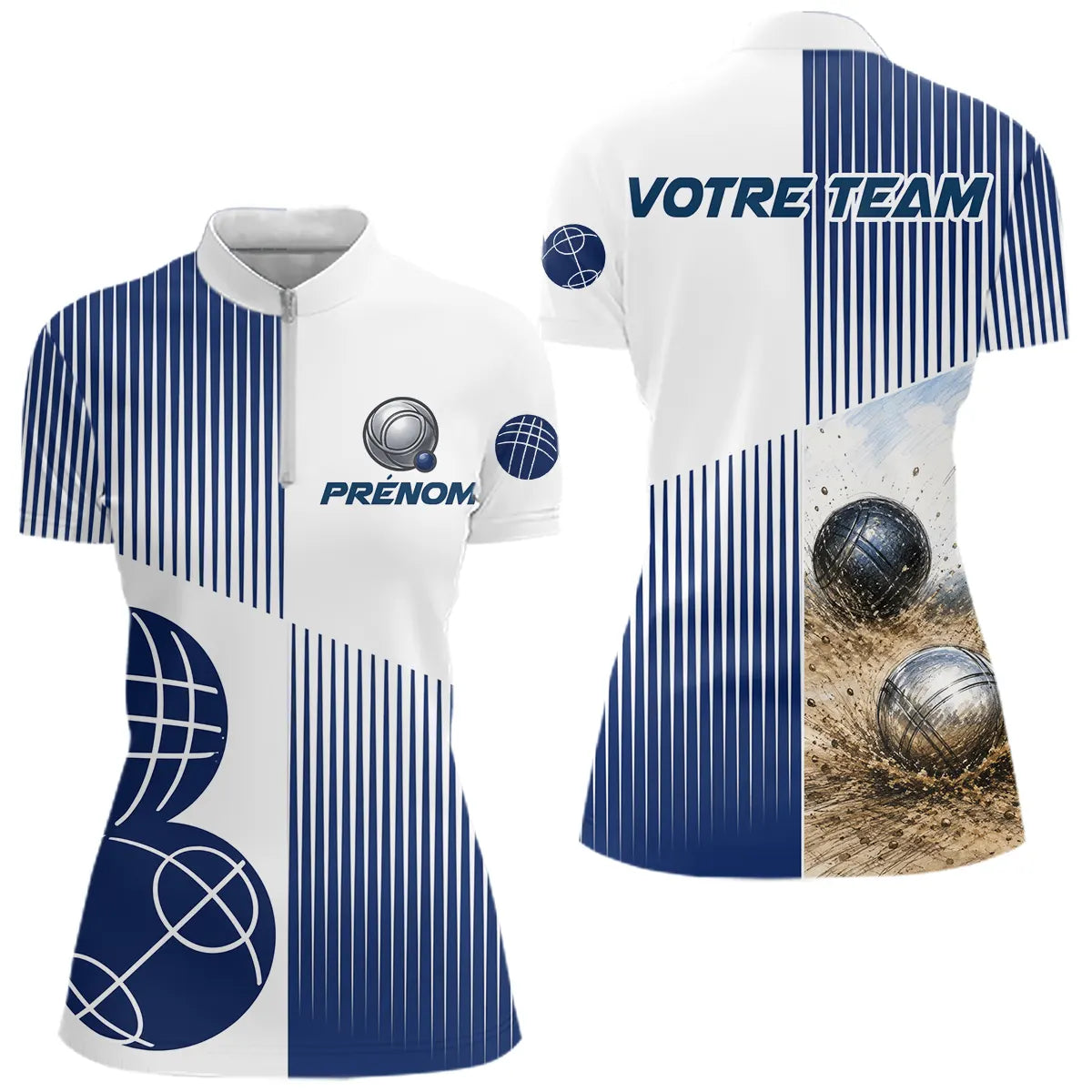 Polo Équipe Pétanque Boulodrome - Personnalisé Bleu & Blanc - Polo Zippé Femme